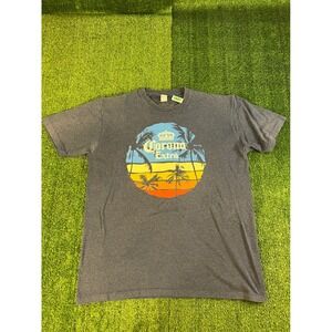 Corona Extra Mens Large T-Shirt Heather Grey Tropical Palm Tree Sunset Graphic